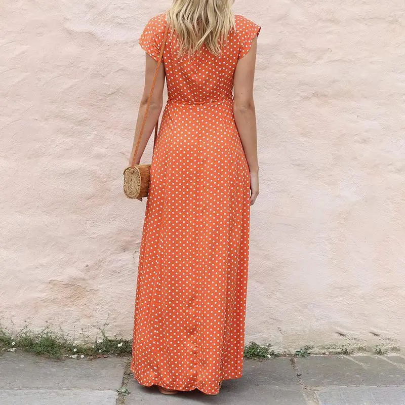 Женское длинное платье в горошек с высокой талией хлопковое до щиколотки