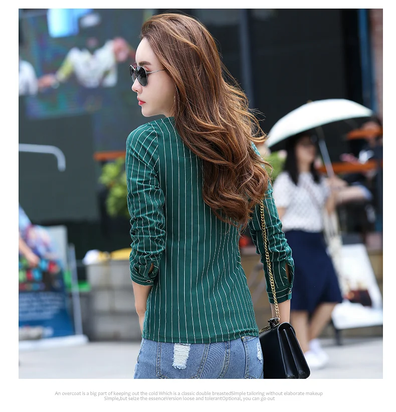 Autumn New Korean Fashion Female Tshirt Pockets Striped T shirt Women Button V-Neck Top Cotton Long Sleeve Tee Shirt Femme