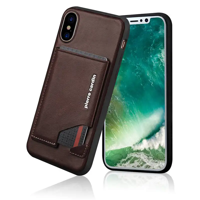 Coffee Pierre Cardin для Apple iPhone XR XS MAX сотовый Чехол для телефона из натуральной кожи чехол держатель для Карт Подставка Флип кожаный Стильный чехол - Цвет: Coffee