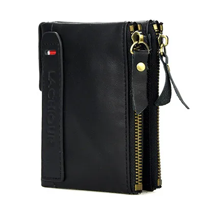 Black Brand Men Genuine Leather Wallet Short Men Cowhide Leather Coin Pocket Purse Male Carteira Masculina Double Zipepr Coin Bag - Цвет: Black