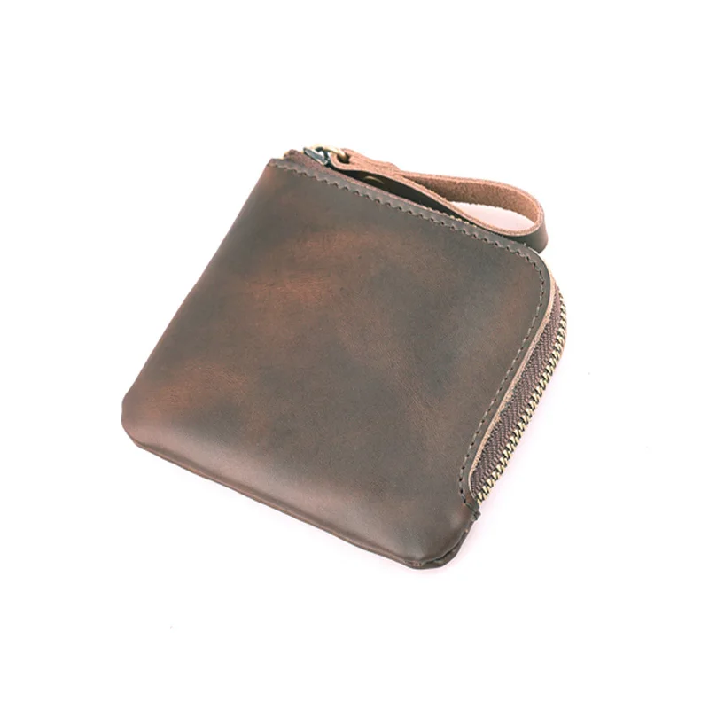 Мужской маленький кошелек на молнии ручной работы из кожи Crazy Horse с карманом для