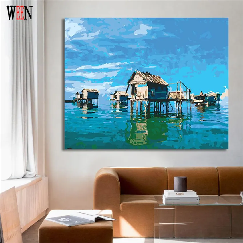 WEEN Sea House Pictures By Numbers DIY Handpainted Landscape Wall Canvas Art Digital Coloring by numbers Artwork For Room Gift | Дом и сад