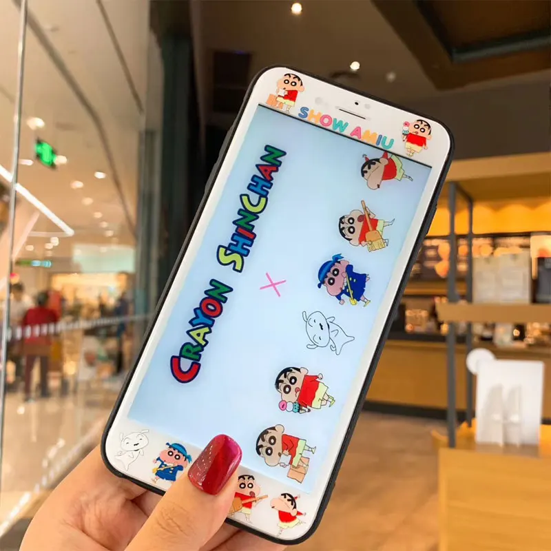 С рисунком из мультфильма Аниме Crayon Shin-chan Стекло задняя крышка для iphone X чехол& Передняя защитная крышка телефона для iphone XR 7 6 S Plus чехол fundas для iphone X