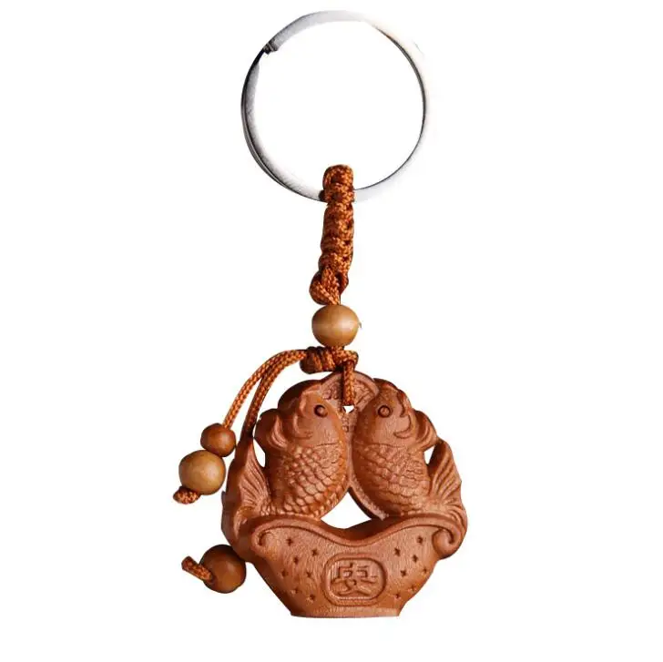 Chinese Peach Wood Carved Safe And Good Luck Double Fish Treasure Yuanbao Exquisite Car Key Chain Pendant | Дом и сад