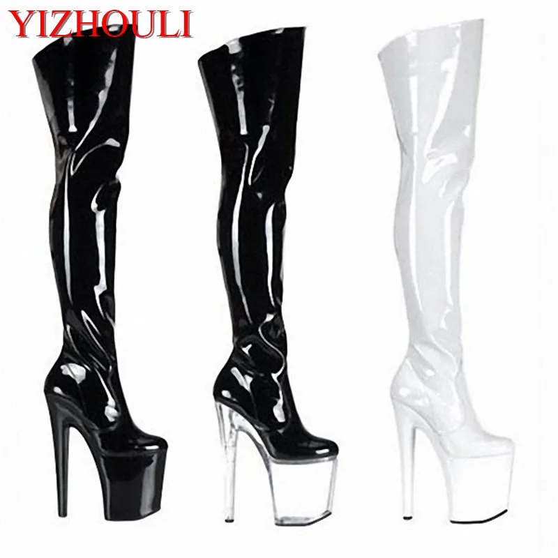 

20cm Ultra High Heels Boots Barreled Platform Leather 6 Inch Performance Shoes Plus Size Thigh High Dance Shoes