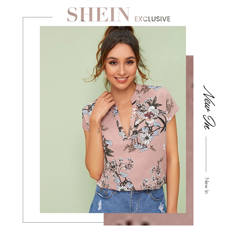 SHEIN Модный летний топ с v-образным вырезом и рукавами-крылышками и цветочным принтом, Женские топы и блузки