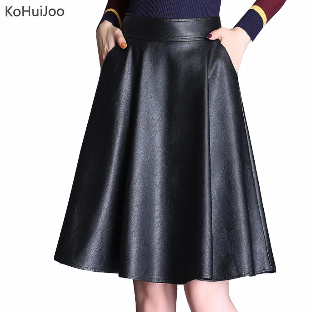 KoHuiJoo 3xl 4xl 5xl весна осень Женская юбка из искусственной кожи размера плюс высокая талия трапециевидная повседневная искусственная кожа Юбки До Колена