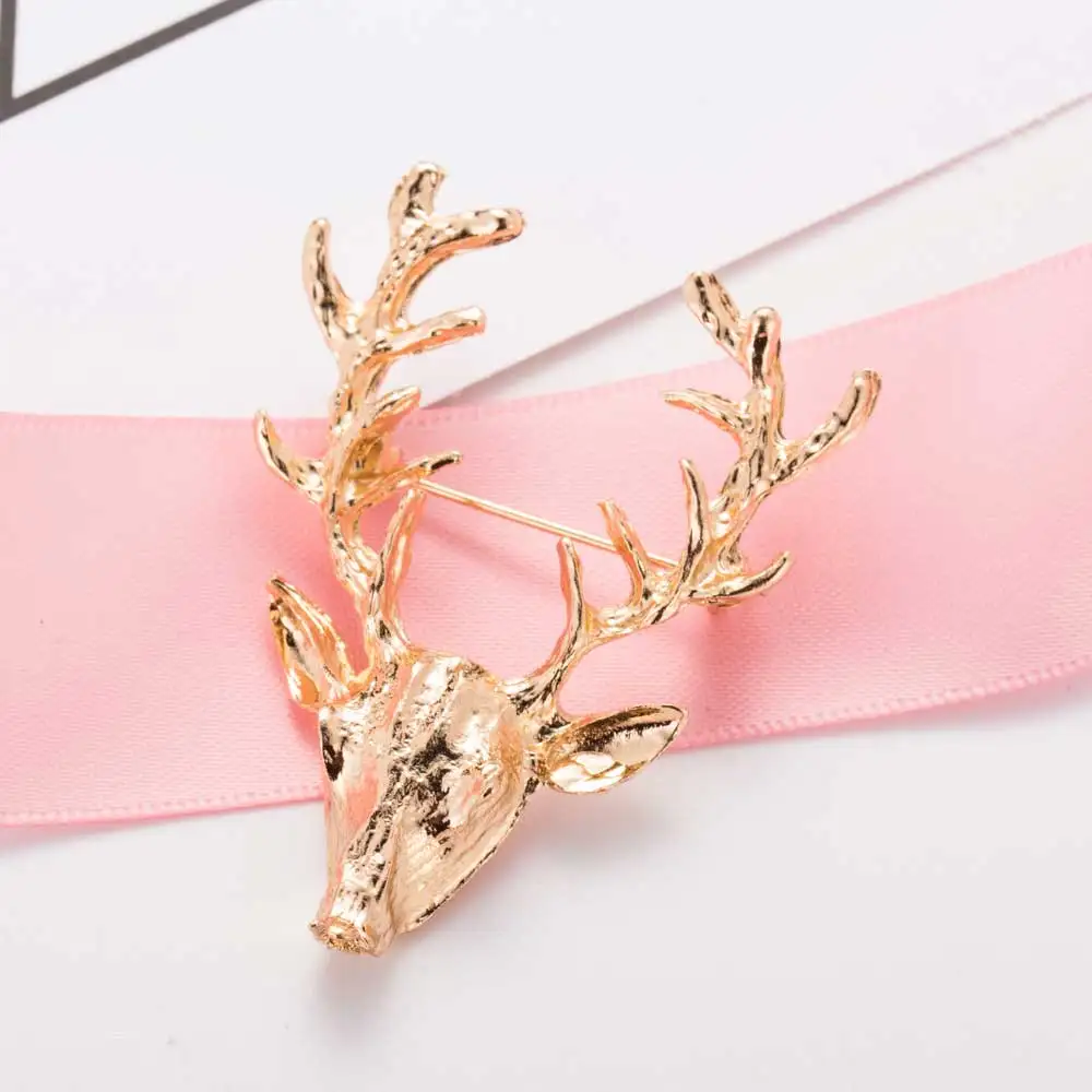 

KISSWIFE New Hot 1 pcs Hot Unisex Animal Christmas Xmas Popular Cute Gold Deer Antlers Head Pin Brooches Styling Jewelry
