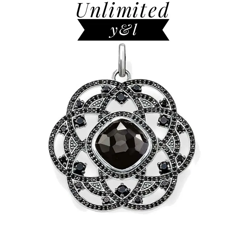 Black Onyx Hollow Flower Pendants for Necklace Women Men Thomas Style CZ Silver Fashion DIY Jewelry Accessories 2018 New | Украшения и