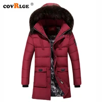 covrlge winter new men parkas 2019 fashion casual medium long fur hooded cotton coat warm big size 4xl outerwear red mwm081
