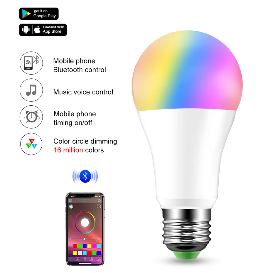 RGB Bluetooth умная Светодиодная лампа E27 15 Вт с регулируемой яркостью голосовое