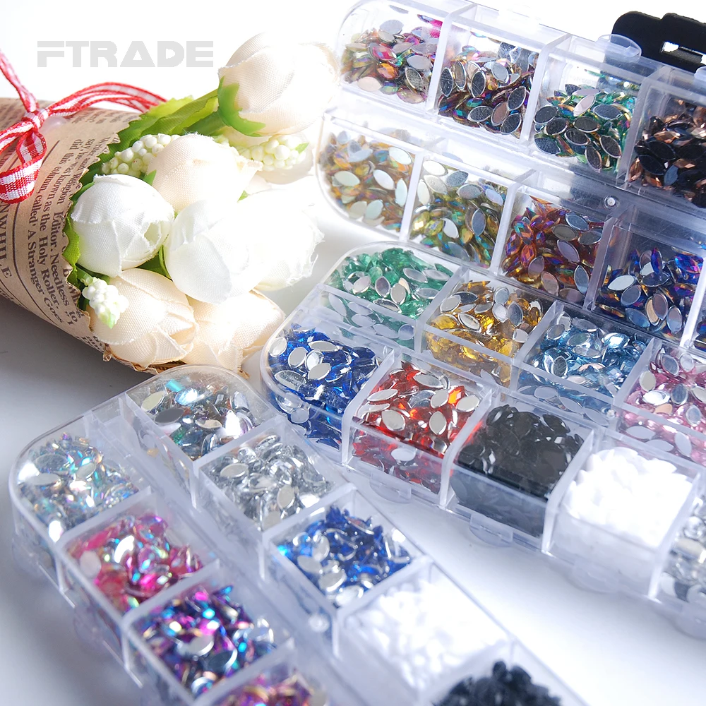 3x6mm Acrylic Horse Eye Marquise Glitter Nail Art Rhinestones 12 Color/Box About 1700pcs For Nails DIY Decorations Wedding Dress | Дом и сад