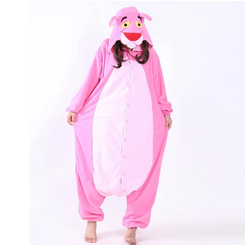 Челнока зима Kigurumi мило Розовая пантера женщина комбинезон с капюшоном