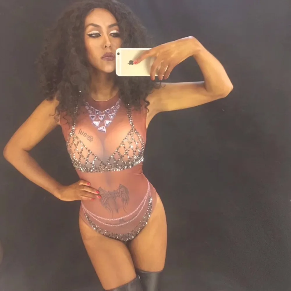 Sexy Black 3D Printing Rhinestone Women Jumpsuit Birthday Celebrate Sexy Bodysuit Nightclub Singer Performance Stage Wear