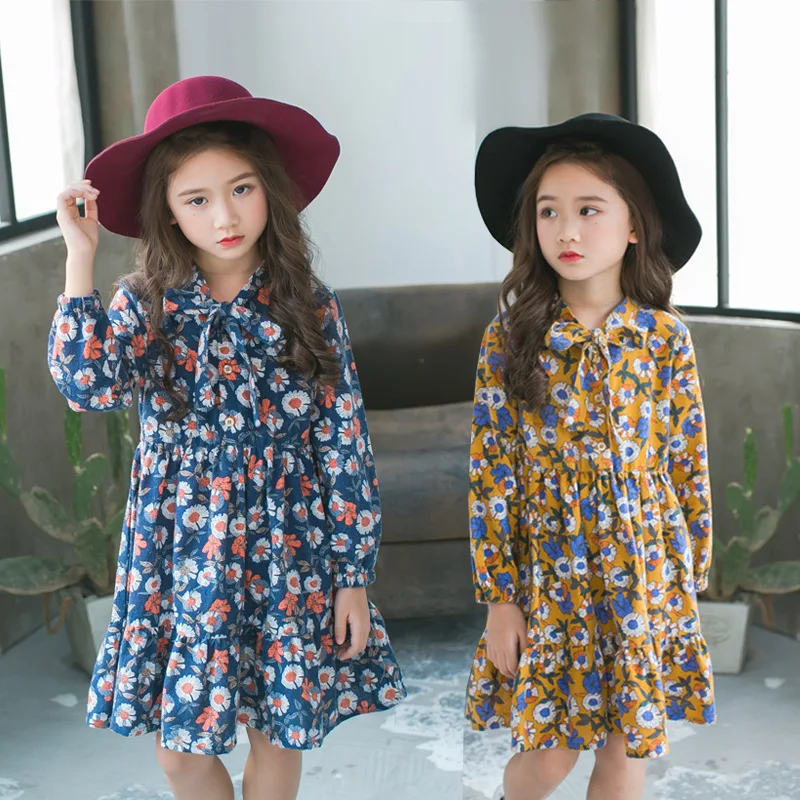 Весенние платья для больших девочек 2018 Хлопковое платье с цветочным принтом