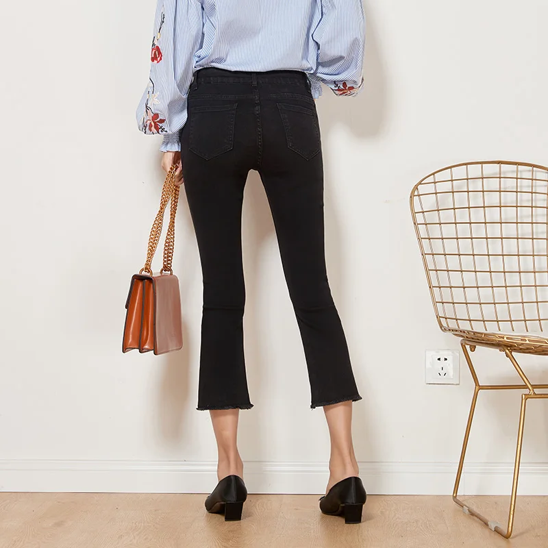 Женские рваные джинсы LEIJIJEANS повседневные узкие черные джинсы-клеш со средней
