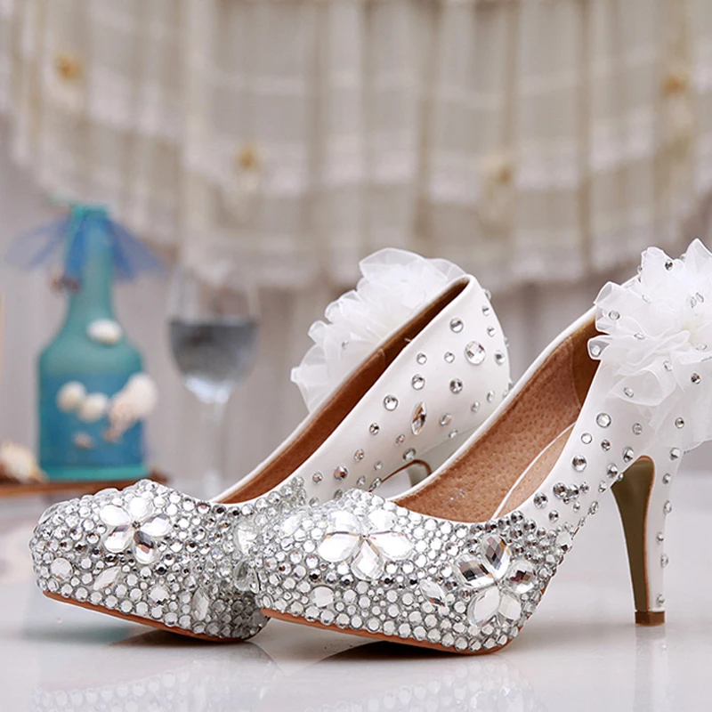 

2018 handmade Popular White round toe flowers dress bridal shoes rhinestone wedding shoes high heel single shoes Free shipping