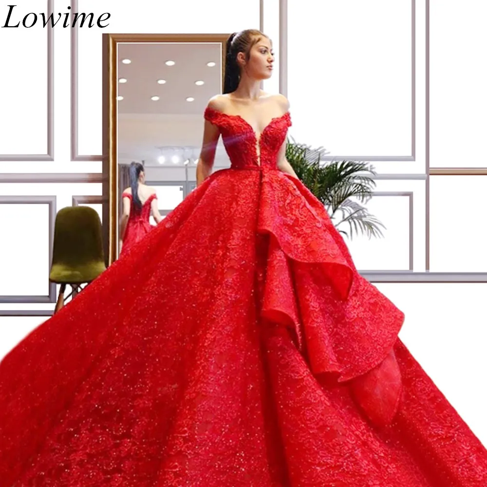 

2019 New Luxury Red Lace Evening Dresses A-Line Off Shoulder Lace-Up Beading Evening Red Carpet Runaway Celebrity Gowns Custom