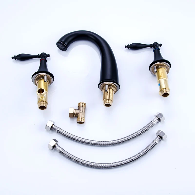 

Fapully Black 3pas/kit Basin Bathroom Faucet Deck Mounted Dual Handle Black Mixer Taps Hot And Cold Water Faucets 607-44B