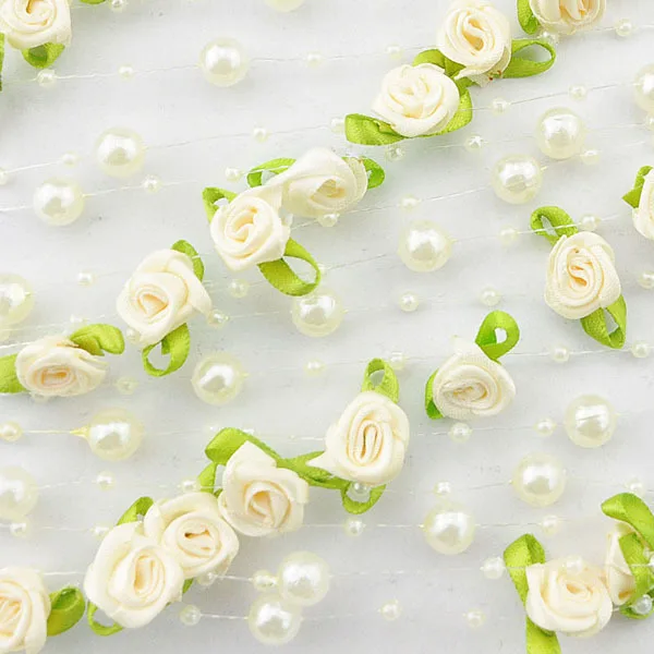 

5Meters/card Fishing Line Artificial Pearls Beads Chain Garland Rose Flowers For Wedding Bridal Bouquet Flower M0030