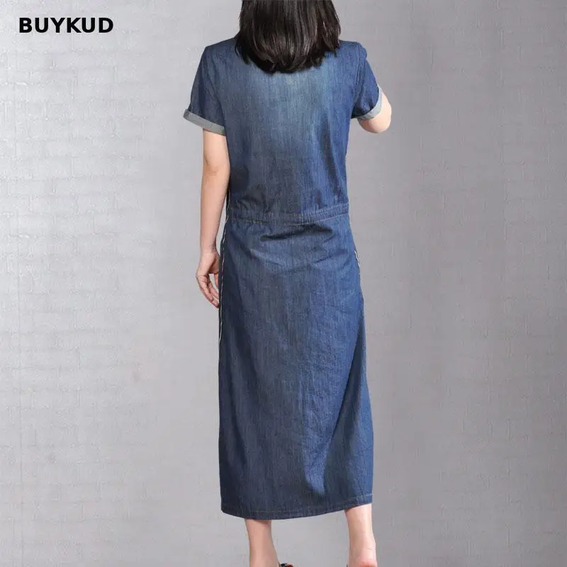 BUYKUD Для женщин Однобортный завязки Изделие из хлопка с короткими рукавами платье