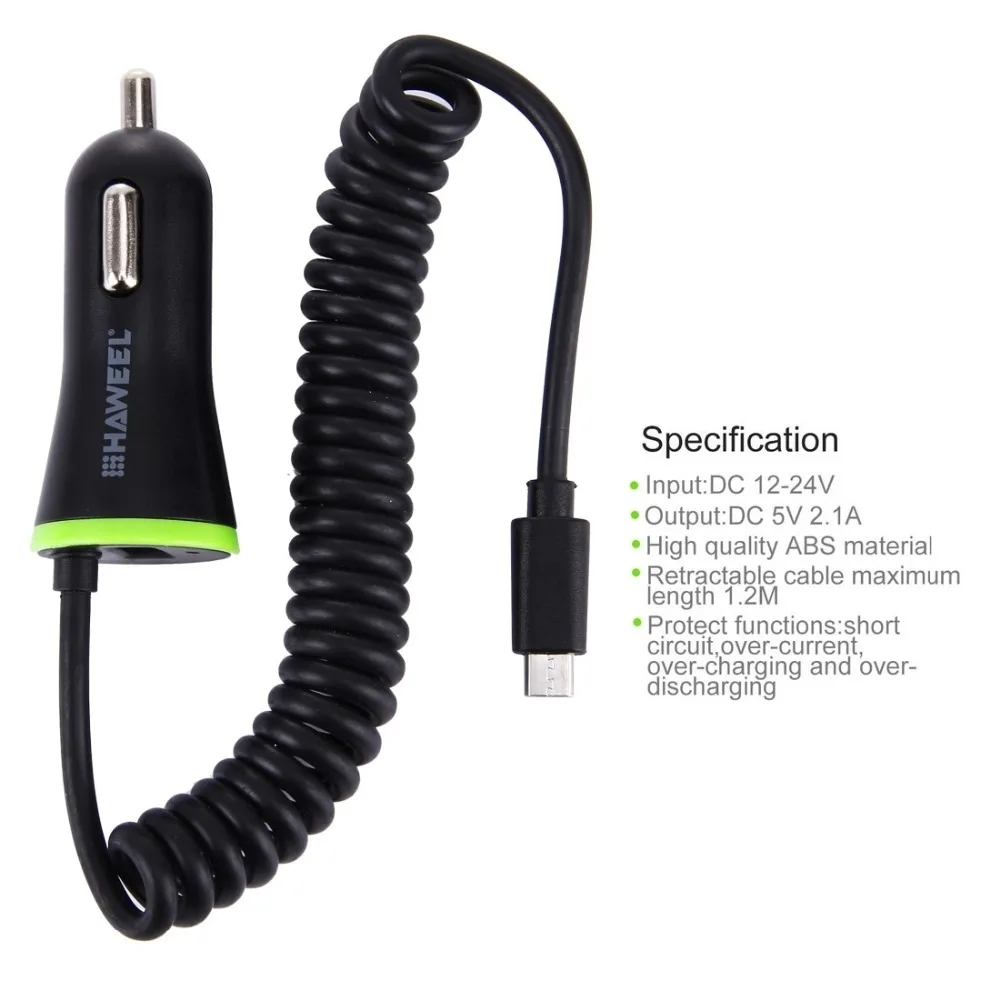 HAWEEL 5V 2.1A микро USB Автомобильное зарядное устройство с пружинным кабелем для Samsung /