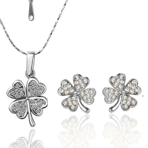 wholesale Best gift high quality chain four leaf clover Austrian CRYSTAL pendant necklace stud earrings Jewelry Set free ship | Украшения и