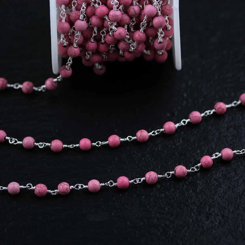 Розовые бирюзовые круглые бусины Howlite Цепи чокер Покрытые Серебряной проволокой