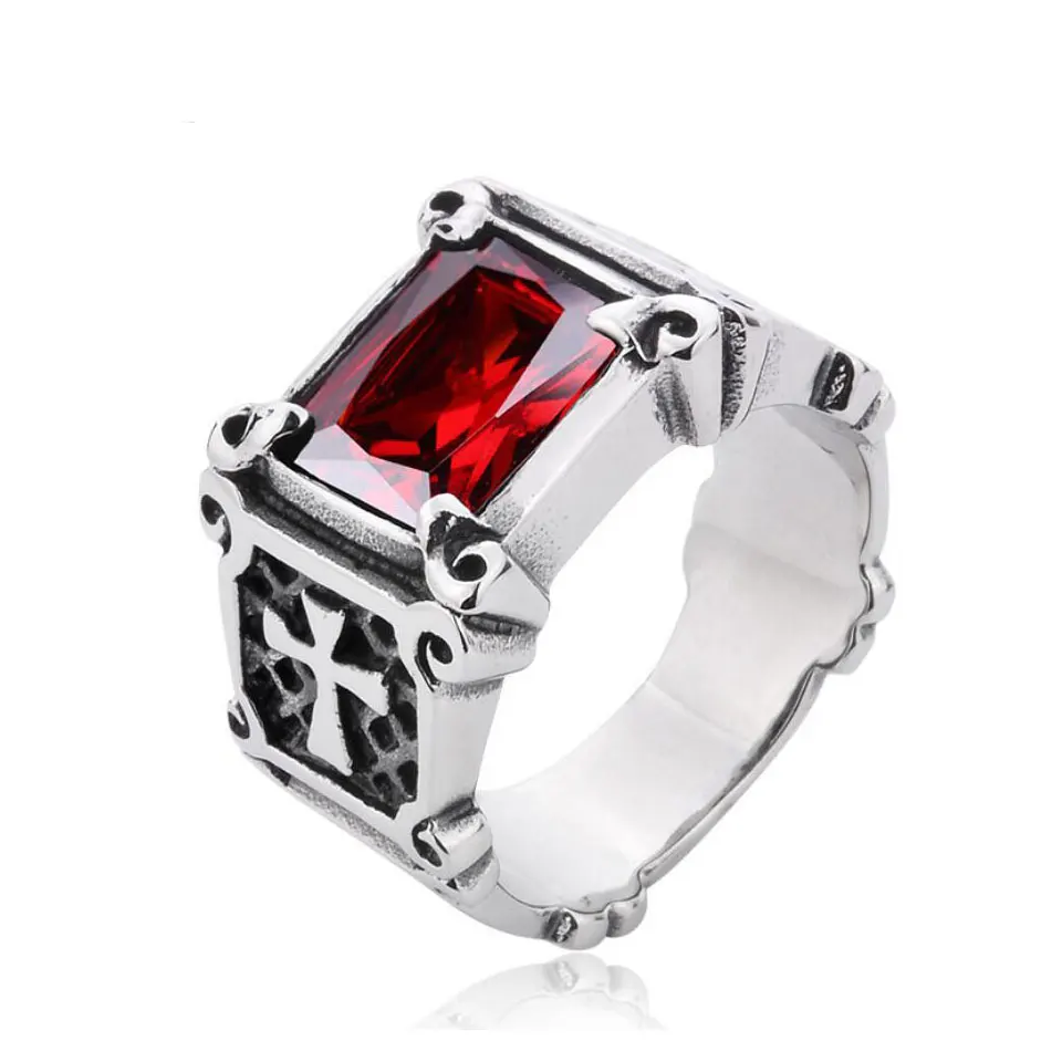 Male Stainless Steel Carved Cross Rings Antique Silver Rectangle Big Red Stone Ring Religious Punk Wedding Fashion Jewelry | Украшения и