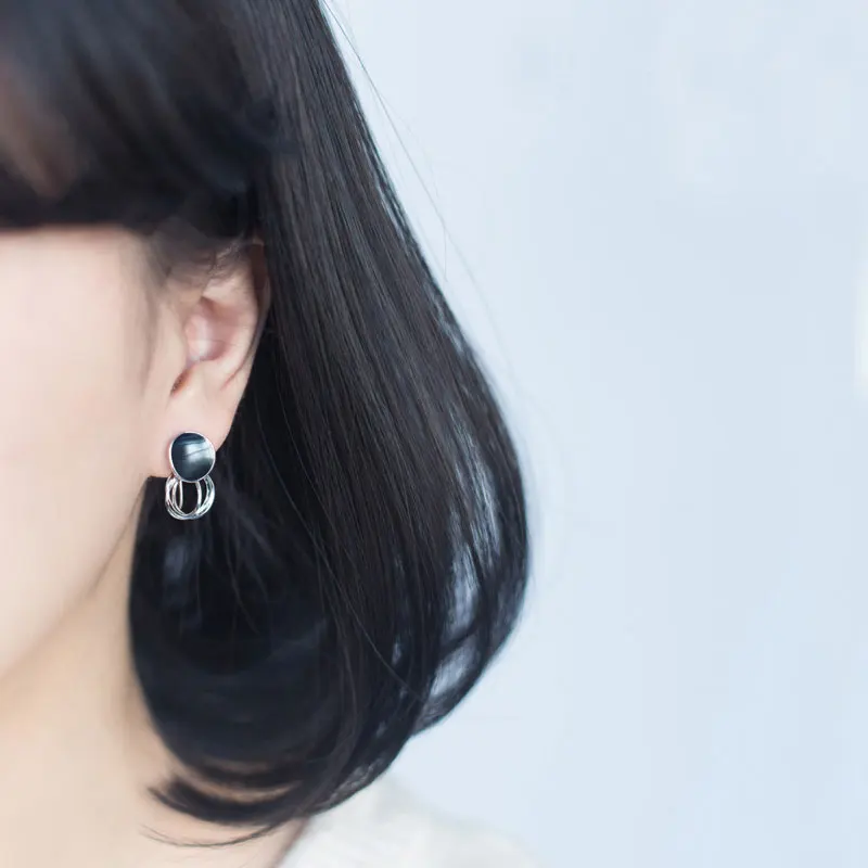 Black Round Epoxy Earrings S925 Sterling Silver for Women | Украшения и аксессуары