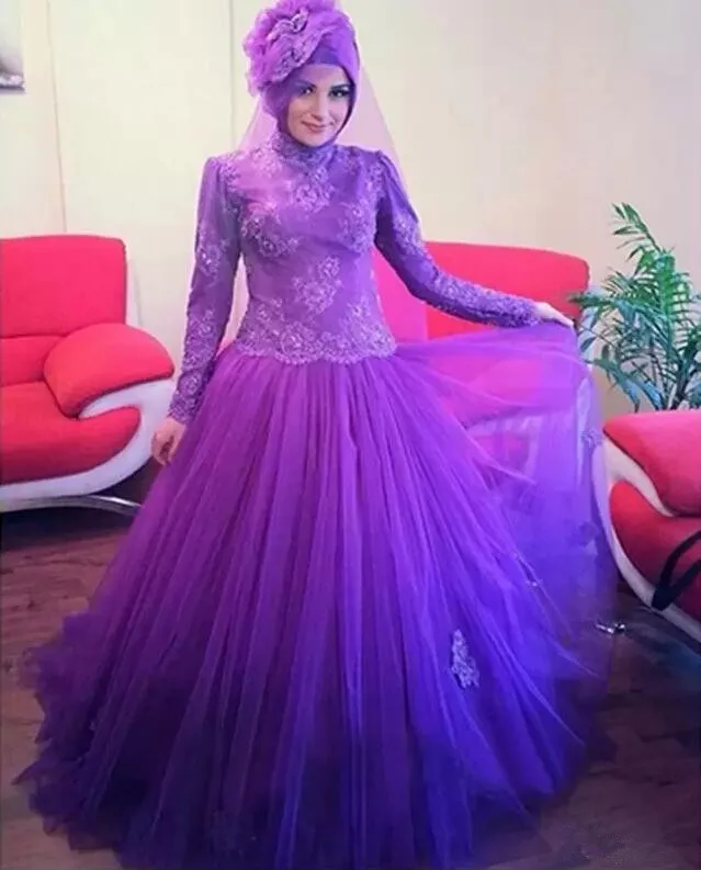 Purple Muslim Wedding Dresses High Neck Long Sleeve wedding gown Beaded Lace Tulle A Line 2020 Bridal Gowns Classical Custom | Свадьбы и
