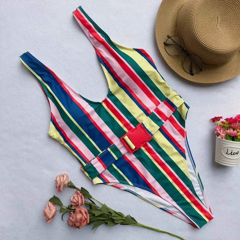 Цельный купальник 2019 женский в полоску с поясом купальный костюм цветными