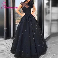 ball gown round neck evening dresses 2020 beading black tulle long elegant formal dress robe de soiree