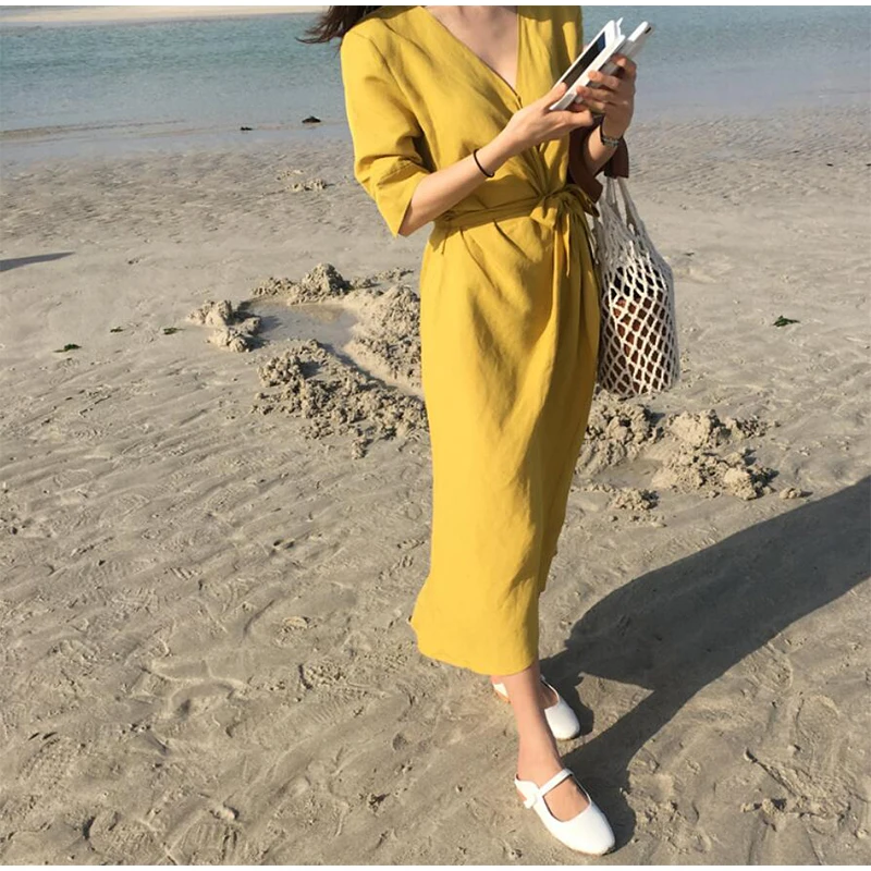 Фото Женское повседневное пляжное платье тонкое свободное средней длины из хлопка и