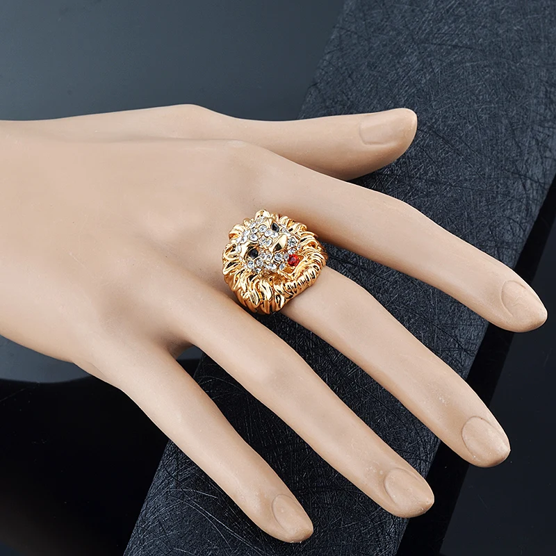 

New Excellent Quality women Rings pure Gold color Alloy Rhinestone Stud Lion Head Fashion Ring J00002