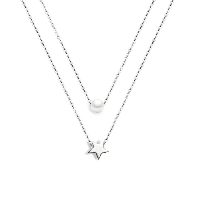 

Hot Sale White Simulated-Peal With A Star Gold Color / Rose Gold Color / Silver Color Double Layers Stainless Steel Necklaces