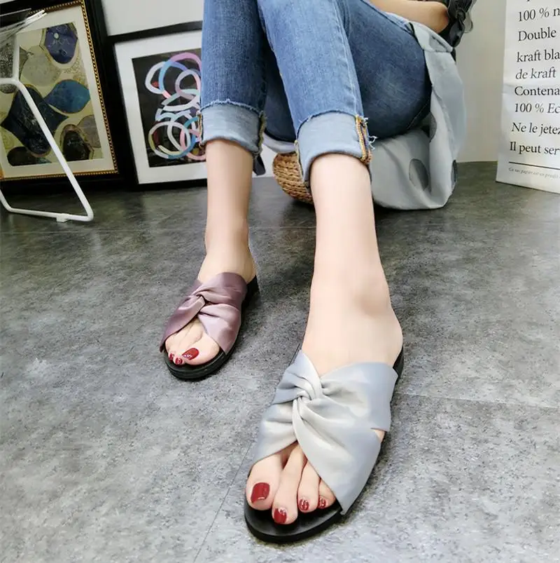 big bow-knot silk slippers women riband cross band flat sandals candy color beach shoes brand designer espadrilles y694 | Обувь