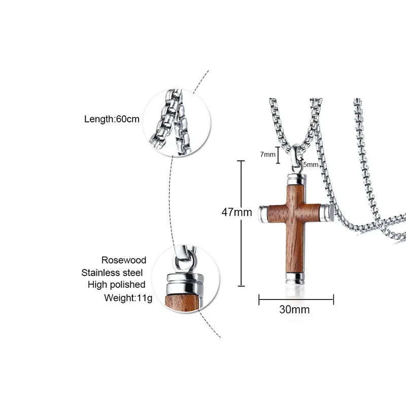Благородное женское ожерелье из розового дерева и распятия нержавеющей стали