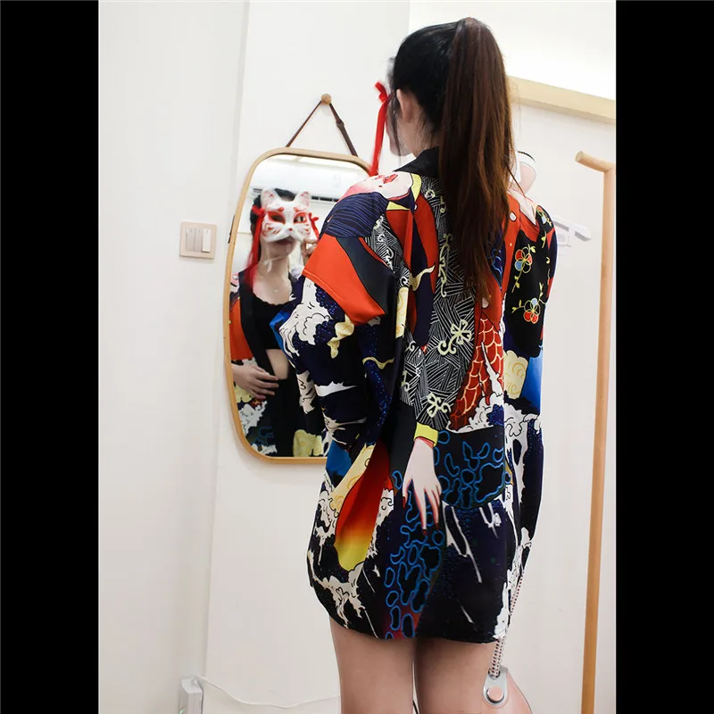 Harajuku Kimonos Женская японская блузка Ukiyo e с принтом повседневное свободное кимоно