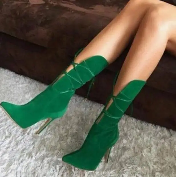 

High Quality Green Suede Mid-calf Boots For Women Pointed Toe Ankle Lace-up Cut-our Ladies Ridding Boots High Quality High Heels