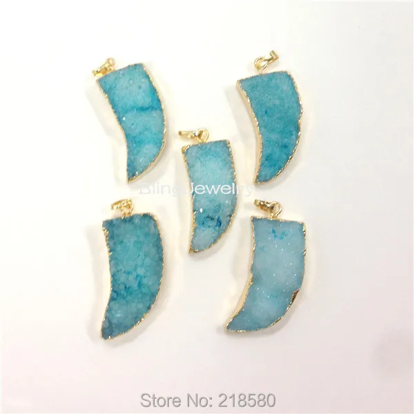 

H-DP114 Blue Crystal Рог из друзы подвеска с клыком Charm DIP in Gold