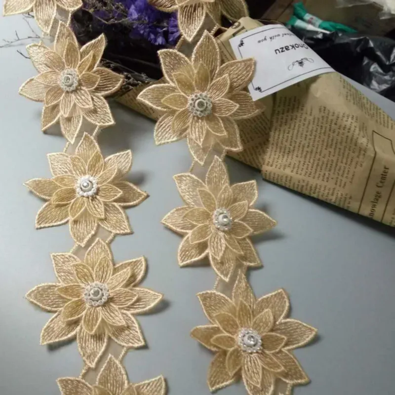 

1 yards Gold Floral Leaf Pearl Beaded Multiple Layers Embroidered Lace Trim Ribbon Applique Fabric Craft Vintage Wedding Dress