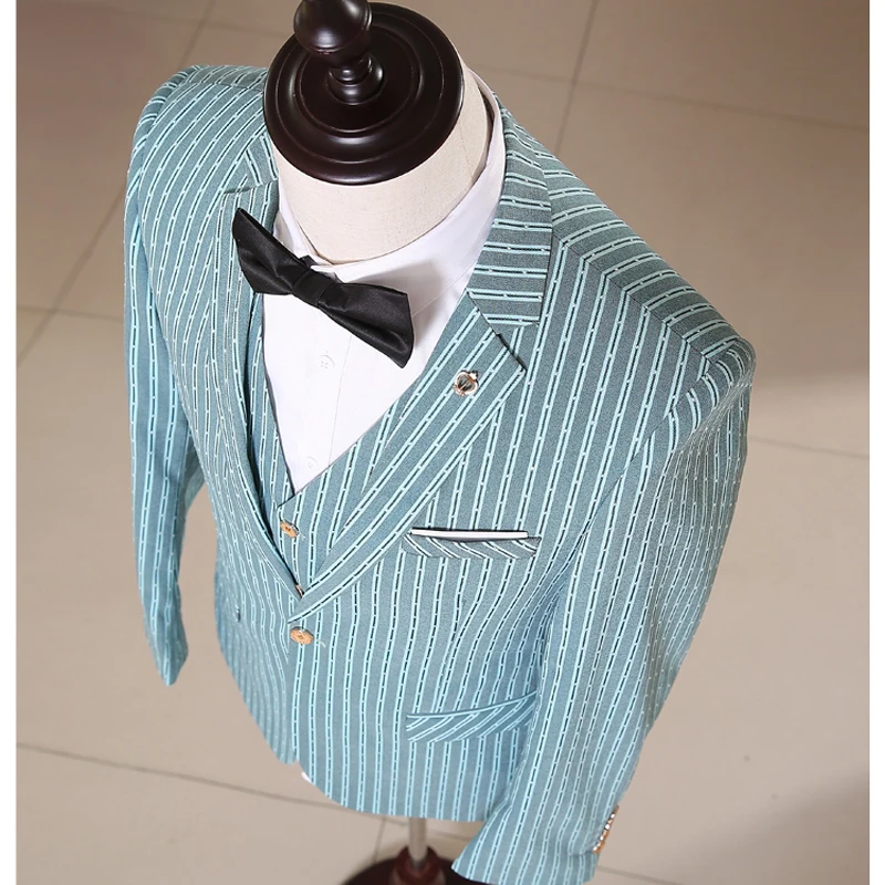 Мужской костюм NA11 Зеленый Смокинг в полоску + брюки жилет 3 шт.|smoking suit|smoke weddingsmoking