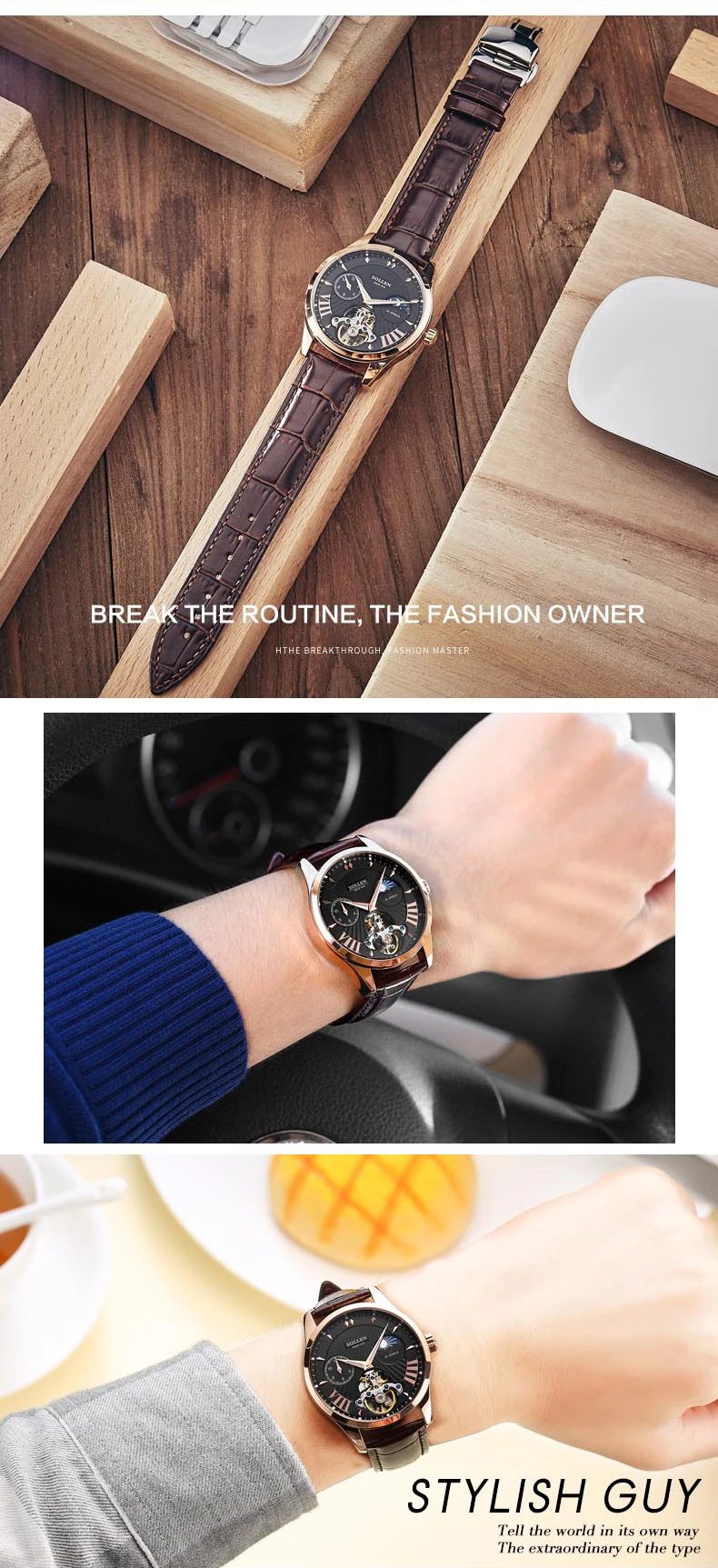 Брендовые Новые популярные мужские автоматические часы Tourbillon, самозаводные римские деловые часы, 3 бара, из натуральной кожи, полые наручные часы, фаза Луны
