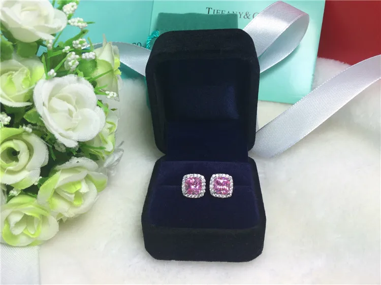 

14K White Gold Fiance Jewelry Stud Halo 8*8 3CT/Piece SONA Diamond Pink Bridal Earrings Women Wedding Jewelry Cushion