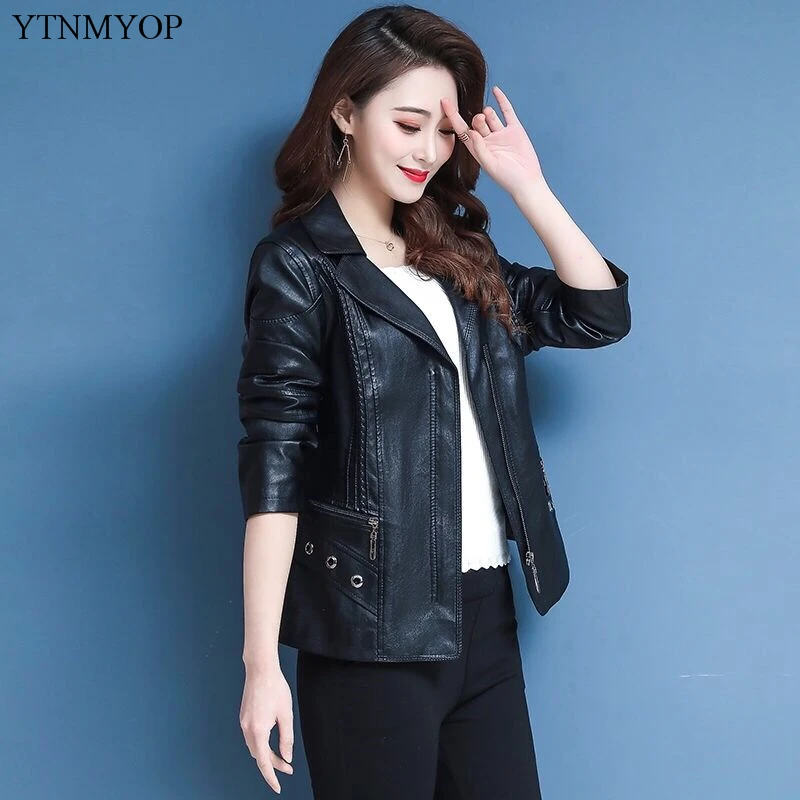 Куртка из кожи YTNMYOP Base Slim Casual Female для женщин больших размеров 5XL с воротником "Turn-down", верх из искусственной замши.