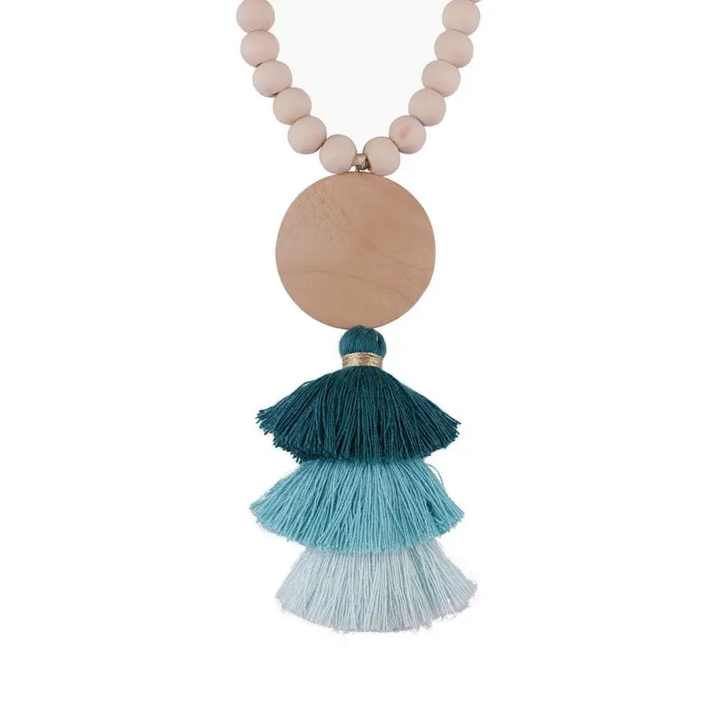 

Behomia Style 10 mm Round Natural Wood Beaded 3 Layered Cotton Tassel Necklace Blank Disc Wood Pendant Long Necklace for Woman