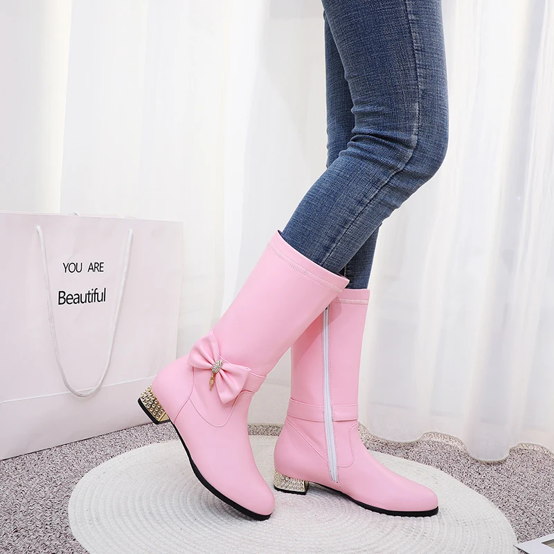 

WETKISS Solid Butterfly Knot Women Boots Round Toe Thick Heel Shoes Metal Decor Casual Female Short Boots Non Slip Zip Shoes