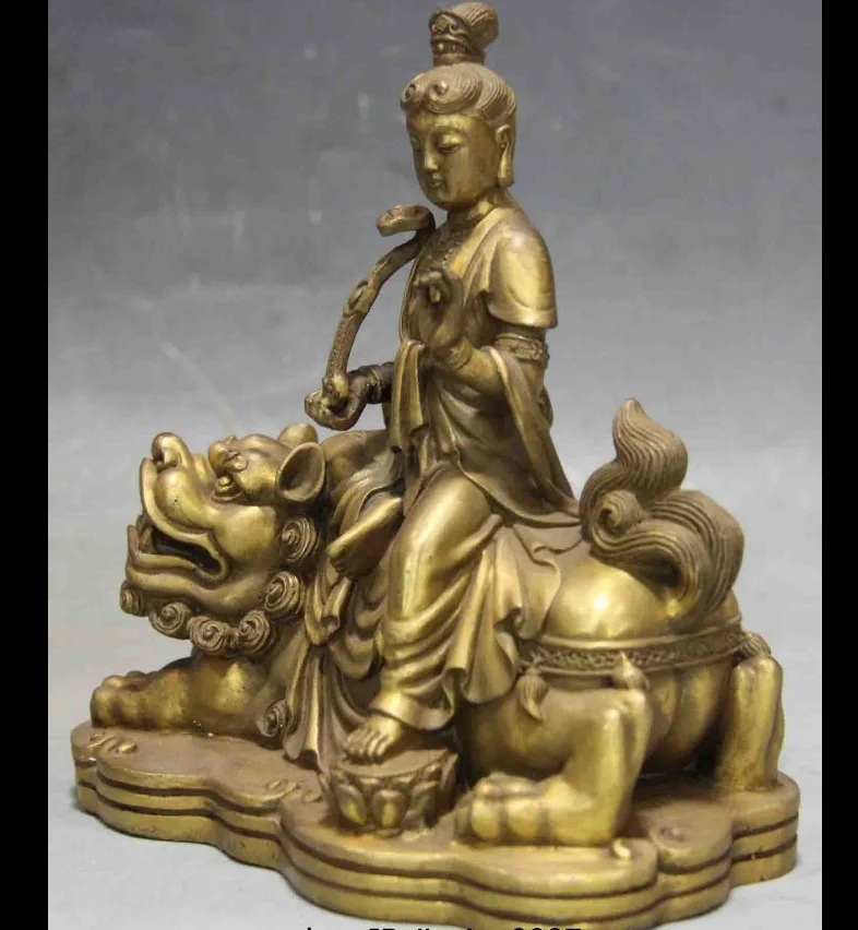 Китайская медная Статуэтка SHUN Samantabhadra Бодхисаттва Кван Инь Sit Foo Dog lion | Дом и сад