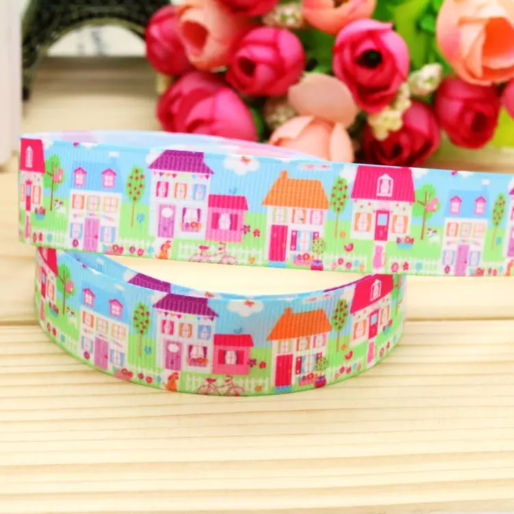 

7/8'' Free shipping house printed grosgrain ribbon hair bow headwear party decoration wholesale OEM 22mm H4552